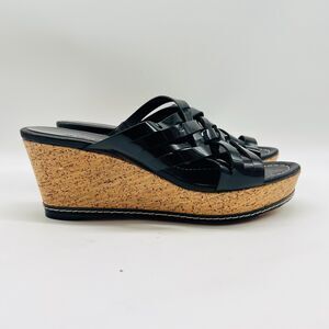Donald Pliner Womens 9.5 Black Patent Leather Sandals Cork Wedge Slides Shoes